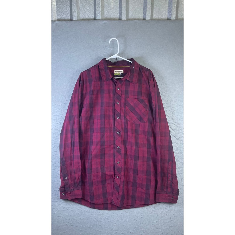Magellan Button Up Shirt Mens XL Burgundy Plaid Excellent Classic Long Sleeve